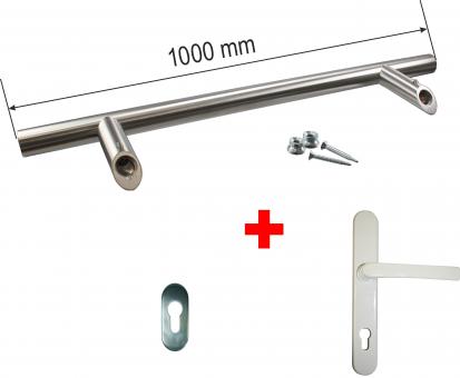 Stoßgriff Edelstahl / Innendrücker Aluminum Set, inkl. Schrauben, Schutzrosette 1000 mm ( 1 ST ) Aluminium, weiß, RAL 9016 | 1000 mm